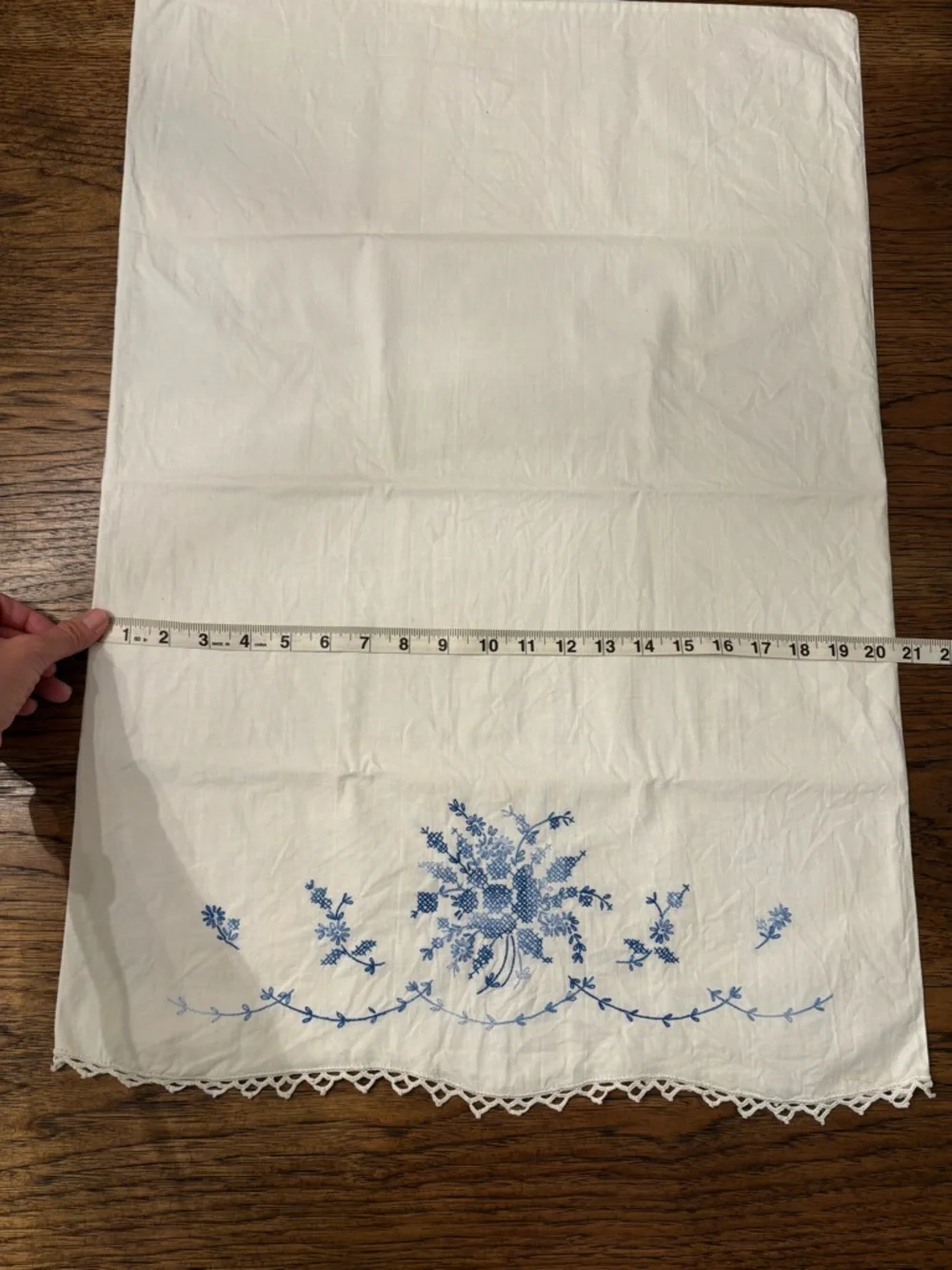 Pair Vintage Hand Embroidered Cotton Pillowcases Blue Floral Cottage Heirloom